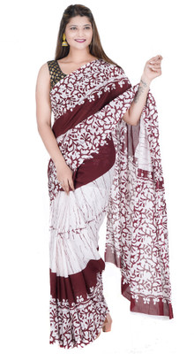 RAMNATHS Printed, Blocked Printed, Hand Painted Daily Wear Pure Cotton Saree(Maroon, White)