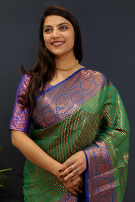 yourwish Self Design Banarasi Cotton Silk, Jacquard Saree(Blue)
