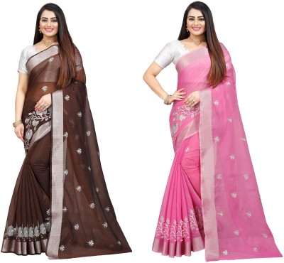 JS Clothing Mart Embroidered Daily Wear Cotton Silk Saree(Pack of 2, Brown, Pink)