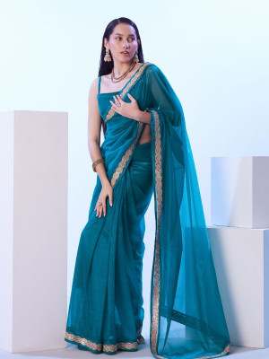 odette Embellished Saree with Attached Blouse Net Saree(Blue)