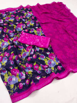 Anand Sarees Floral Print Bollywood Georgette, Lace Saree(Dark Blue, Pink)
