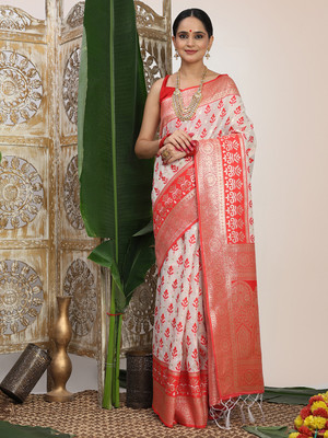 Divastri Printed, Woven Banarasi Cotton Linen Saree(White, Red)