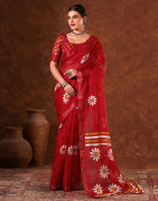 Samah Printed Daily Wear Silk Blend Saree(Red)