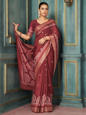 Sareemall Printed Hand Batik Silk Blend Saree(Maroon)