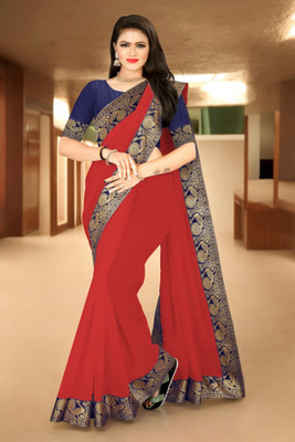 Volmina Solid/Plain Chanderi Cotton Blend Saree(Red)