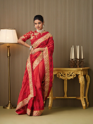 Kalista Embellished, Embroidered, Dyed Bollywood Satin Saree(Red)