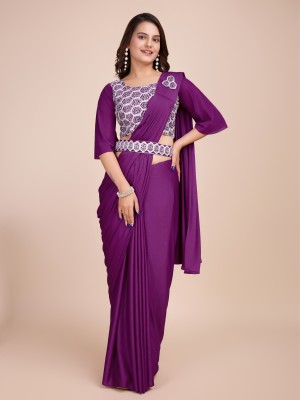 Mijashree Solid/Plain Bollywood Lycra Blend Saree(Purple)