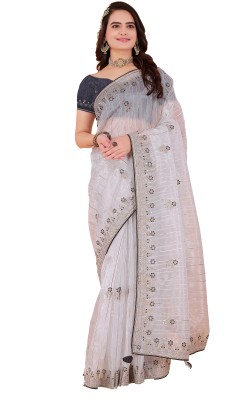 DESI Butik Embroidered Bollywood Organza Saree(Grey)