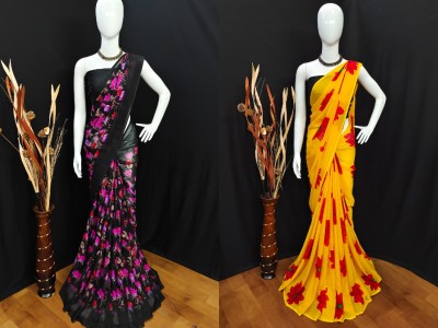 Anand Sarees Printed Daily Wear Georgette Saree(Pack of 2, Purple, Black, Multicolor)