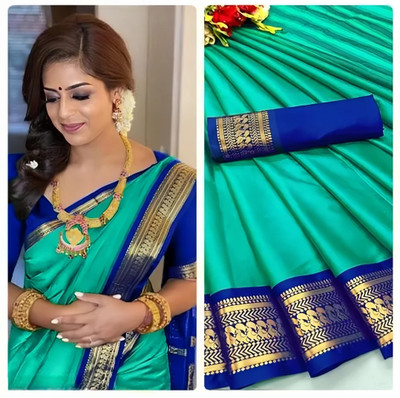 Mortal Textile Woven Handloom Cotton Silk Saree(Light Blue)
