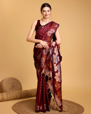 GajGajra Woven, Floral Print Banarasi Pure Silk Saree(Maroon)