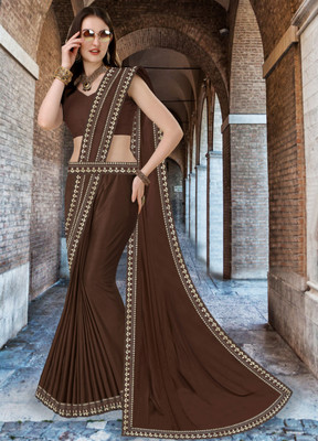Offirra International Printed Banarasi Lycra Blend, Chiffon Saree(Brown)