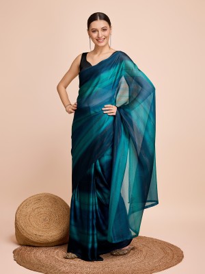 LEOSAGI Solid/Plain, Striped Bollywood Chiffon Saree(Light Blue)