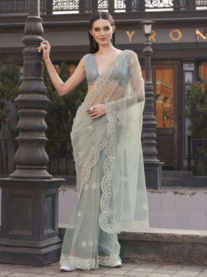 Tikhi Imli Embroidered Bollywood Net Saree(Grey)
