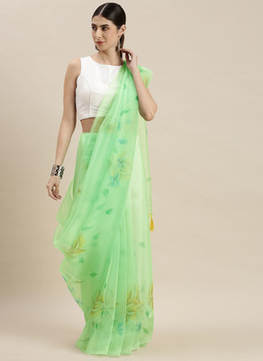 Divastri Floral Print Bollywood Organza Saree(Green)