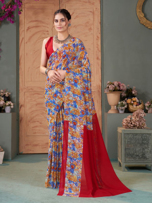 GARDEN VARELI Printed Bollywood Georgette Saree(Brown)