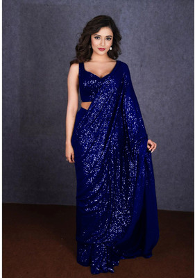 Bhojal Creation Embroidered, Embellished Bollywood Georgette Saree(Blue)