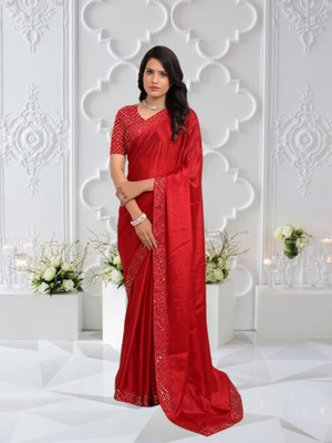 Mionas Solid/Plain, Self Design Bollywood Chiffon Saree(Red)