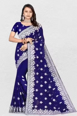 LEGECYETHNIC Solid/Plain, Printed Bollywood Georgette Saree(Blue)