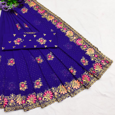 MIYANIFAB Embroidered Bollywood Georgette Saree(Blue)