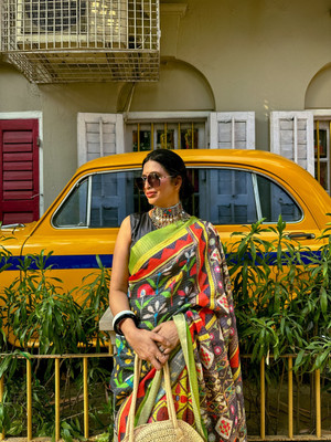 Laxmi Fashion Printed, Floral Print Assam Silk Jacquard, Cotton Silk Saree(Brown, Light Green, Multicolor)