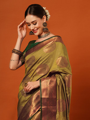 yourwish Embellished, Woven Bollywood Pure Silk, Jacquard Saree(Mustard, Green, Gold)