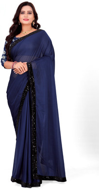 Foxsite Solid/Plain, Embellished Bollywood Lycra Blend Saree(Black)