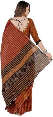 NIKHILAM Printed Daily Wear Pure Cotton Saree(Brown)