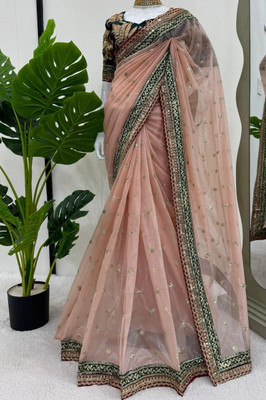 LEOSAGI Embroidered Bollywood Net Saree(Cream)