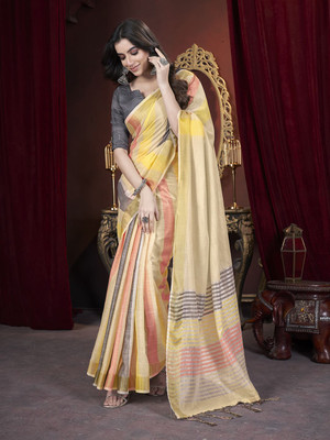 Vichitra Woven, Self Design Handloom Pure Cotton, Jacquard Saree(Cream)