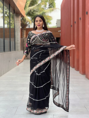 Pushti Creation Embroidered Kalamkari Net Saree(Black)