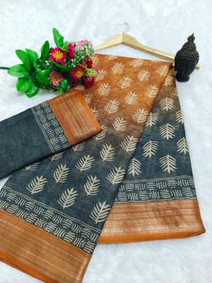 HangerStories Printed Kanjivaram Pure Cotton, Cotton Silk Saree(Orange, Black)