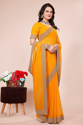KONICA FAB Self Design, Solid/Plain, Embroidered Bollywood Georgette Saree(Mustard)