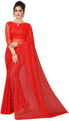 Vragi Self Design, Dyed, Woven Bollywood Net Saree(Red)