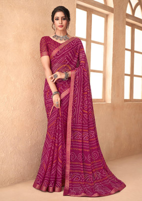 SainiVastra Printed Bandhani Chiffon Saree(Magenta)