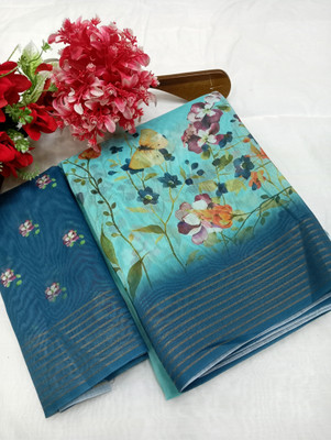 HouseOfCommon Printed Kanjivaram Chanderi, Pure Silk Saree(Light Blue)