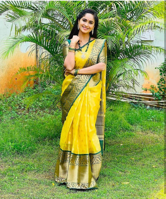 WOMENELEGENCE Embellished Banarasi Pure Silk Saree(Yellow)