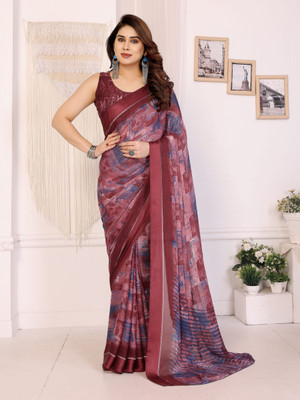 Margi Designers Printed, Floral Print Bollywood Satin Saree(Maroon)