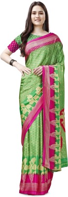 VIRICA Printed Bollywood Crepe, Silk Blend Saree(Green, Pink)