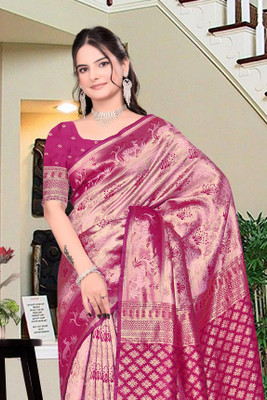 HouseOfCommon Woven, Self Design Kanjivaram Pure Silk, Silk Blend Saree(Pink, Multicolor)