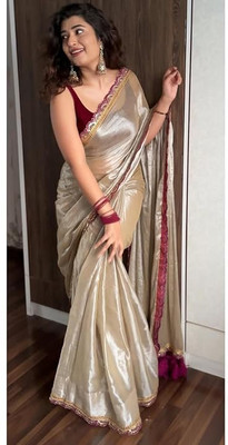 serosaki Solid/Plain Bollywood Tissue Saree(Cream)