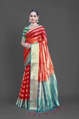 Aarunika MNT Striped Bollywood Organza Saree(Red)
