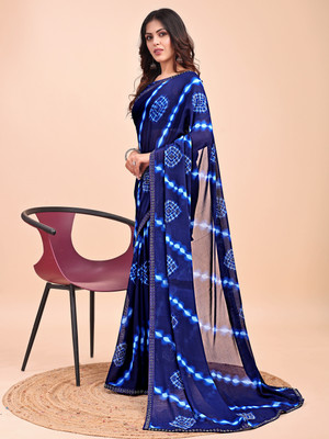 Leelavati Printed, Embellished, Embroidered Daily Wear Chiffon Saree(Dark Blue)