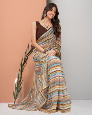 Jayu Digital Print, Embroidered, Printed, Striped Bollywood Georgette Saree(Brown)
