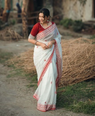 A To Z Cart Printed Banarasi Pure Cotton Saree(White)