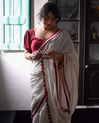 Joyguru Textile Self Design Handloom Cotton Blend Saree(White)