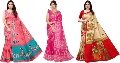 YASHIKA Printed Daily Wear Art Silk Saree(Pack of 3, Pink, Beige)