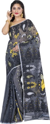 ZHOOSH Woven, Self Design, Embellished Jamdani Cotton Blend Saree(Grey, Black, Yellow)