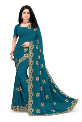 The Silk Shop Embroidered Bollywood Georgette Saree(Dark Blue)