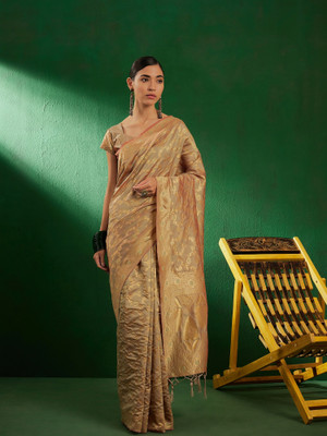 ShopGlobal Woven Banarasi Silk Blend Saree(Beige)